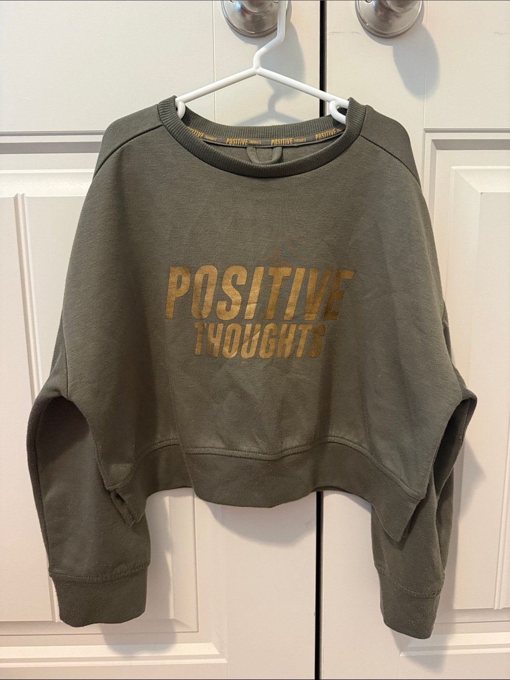 Zara Olive Green Cropped Sweatshirt with Gold Print